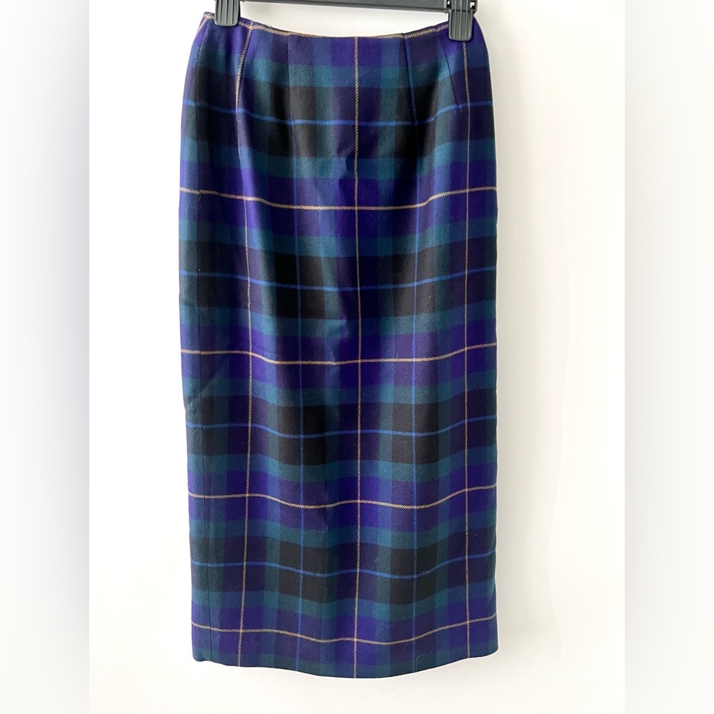 TALBOTS | Plaid Vintage Wool Wrap Long Maxi Skirt Purple Green Fringe Size 4 - Picture 7 of 11
